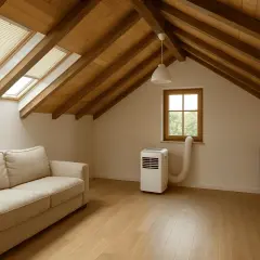 Habitación abuhardillada con sofá, aire acondicionado portátil y estantería. Un ejemplo de como limpiar el aire de una habitación para un ambiente fresco.