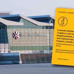 Lotnisko Chopina w Warszawie, kamery monitorują odloty. Żółta kartka informuje o czasowym zamknięciu przestrzeni powietrznej.