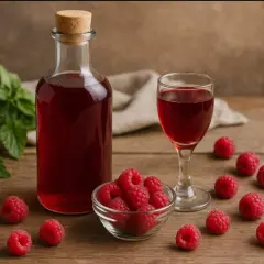 Butelka i kieliszek z malinowym likierem, przypominającym Chambord, otoczone świeżymi malinami i listkami mięty.