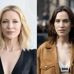 Cate Blanchett z blond włosami do ramion cieniowanymi z przodu i Alexa Chung w brązowej kurtce.