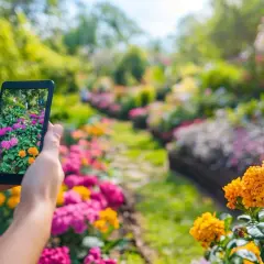 Dłonie trzymające smartfon fotografujący kolorowy ogród pełen kwiatów.