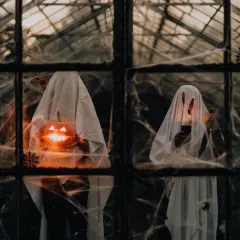 Zwei Geister mit Kürbissen und Kerzen, die durch ein Spinnennetz-verhangenes Fenster blicken. Ein Blick in die Ursprünge von Halloween.