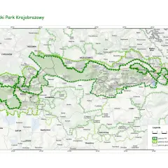 Mapa Tenczyńskiego Parku Krajobrazowego z zaznaczonymi szlakami pieszymi i granicami.
