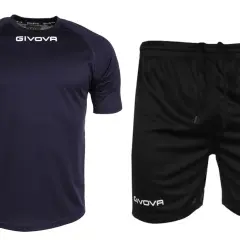 Granatowa koszulka sportowa i czarne spodenki marki Givova. Idealny zestaw na trening.