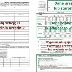 Formularz wniosku o wydanie prawa jazdy, z zaznaczoną sekcją dotyczącą danych urzędu i osoby składającej wniosek. Wpisane dane dotyczą daty wydania prawa jazdy.