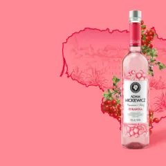 Wódka Adam Mickiewicz Żurawina, inspirowana Wilnem, z żurawiną i rysunkiem miasta.