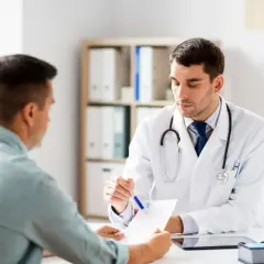 Lekarz w białym kitlu omawia z pacjentem dokumenty, podkreślając, ile jest ważne skierowanie do dermatologa.