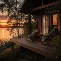 Ustronny domek nad jeziorem, z tarasem i dwoma fotelami, gdzie zachodzące słońce maluje niebo na pomarańczowo.
