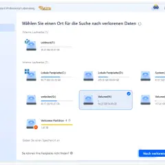Die Software zeigt eine Liste von Laufwerken zur Datenwiederherstellung an. Eine "Verlorene Partition" mit 1,43 TB ist als externe Festplatte nicht zugeordnet.