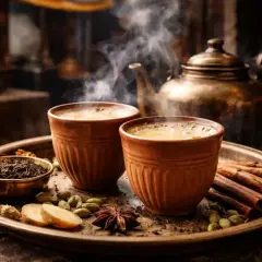 Två ångande koppar med chai te, kryddor som kanel, kardemumma, stjärnanis och ingefära, samt teblad. Ett perfekt chai te recept.
