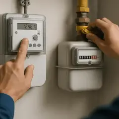 Ręka naciska przycisk licznika energii elektrycznej, obok którego znajduje się licznik gazu. Może to być związane z rozliczeniem według taryfy c12a.