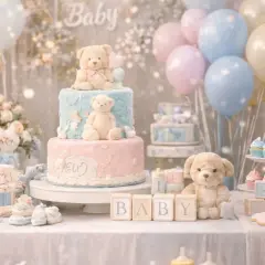 Torta a due piani con orsetti, palloncini pastello e decorazioni a tema per un baby shower. Ecco come organizzare un baby shower indimenticabile!