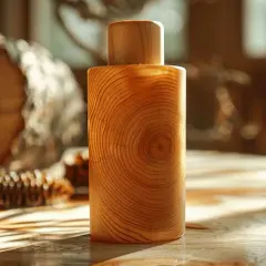 Objet en bois aux anneaux visibles, prêt pour le temps de séchage xylophene avant lasure. Un tronc d'arbre et des pommes de pin en arrière-plan.