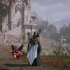 Magiczna postać z towarzyszem przed ruinami zamku. Czy to początek przygody w mmo?