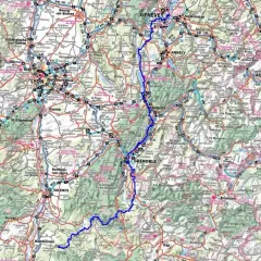 Carte routière des Alpes françaises et italiennes, avec un itinéraire bleu traversant Lyon, Grenoble et Turin. La route gr 965 est visible.
