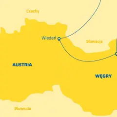 Mapa pokazuje trasę z Wiednia do Budapesztu, przez Słowację. Gdzie jest Budapeszt? Na Węgrzech, na wschód od Austrii.