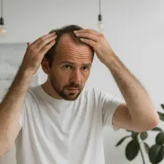Man med tunnare hår som undersöker sin hårfäste, hoppas få tillbaka håret.