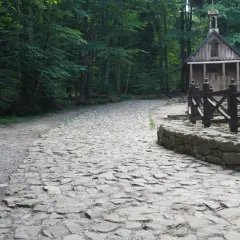 Kamienna ścieżka prowadzi do małej kapliczki w lesie. To wejście na Łysicę, gdzie można poczuć spokój natury.