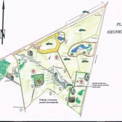 Plan Pól Grunwaldzkich z zaznaczonymi atrakcjami: parkingi, punkty widokowe, obozy rycerskie, miejsca bitwy, punkty medyczne.