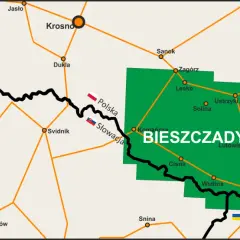 Mapa pokazuje, gdzie są Bieszczady. Zaznaczony obszar obejmuje m.in. Ustrzyki Dolne, Lesko, Cisną i Wetlinę.