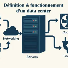 Schéma expliquant comment fonctionne un data center : les utilisateurs accèdent aux serveurs via le réseau, le stockage est sécurisé, le refroidissement maintient la température et l'alimentation électrique est essentielle.