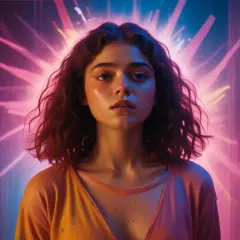 En ung kvinna med lockigt hår badar i neonljus, en känsla av ren euphoria rollista.