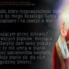 Obietnice dla czcicieli Najświętszego Serca Jezusa. Wizerunek Jezusa z gorejącym Sercem, otoczony obietnicami.