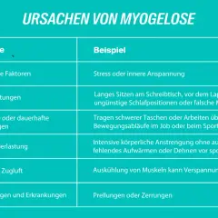 Tabelle mit Ursachen von Myogelose: Psychische Faktoren, Fehlbelastungen, einseitige Belastungen, Muskelüberlastung, Kälte/Zugluft, Verletzungen. Muskelüberlastung kann zu einem verklebten Muskel führen.