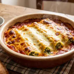 Cannelloni gratinés à la tomate et mozzarella fondante, fumant sur une table en bois. Un délice réconfortant.
