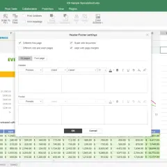Finestra di dialogo per l'intestazione e il piè di pagina di Excel, con opzioni per personalizzare l'intestazione.