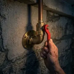 Main tenant la poignée rouge d'un robinet extérieur, une installation sans soudure sur un mur de pierre.
