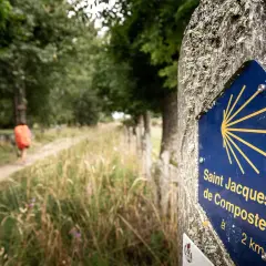 Panneau Saint Jacques de Compostelle sur le chemin, indiquant la direction de Conques. Un pèlerin s'éloigne sur le sentier.