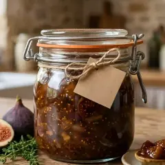 Un bocal de chutney de figues maison, avec des figues fraîches et du thym sur une table en bois.
