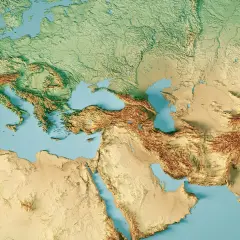 Mappa topografica Europa, Nord Africa e Medio Oriente. Illustra come si trovano le coordinate geografiche, mostrando rilievi e mari.