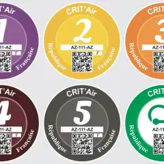 Les vignettes Crit'Air affichent la couleur des classes environnementales : violet (1), jaune (2), orange (3), bordeaux (4) et gris (5).