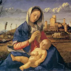 Madonna z Dzieciątkiem, przykład klasycznych aktów w malarstwie światowym. Dziecko śpi na kolanach matki, w tle krajobraz z zamkiem.