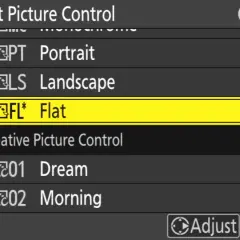 Menu aparatu Nikon, wybór ustawienia "Picture Control". Podświetlona opcja "FL* Flat".