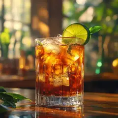 Orzeźwiające whisky z colą, z lodem i plasterkiem limonki, na drewnianym blacie.