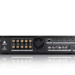 Tył amplitunera z licznymi złączami, w tym HDMI, LAN, coaxial, optical. Dowiedz się, jak podłączyć TV do amplitunera bez HDMI, korzystając z tych portów.