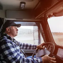 Ein LKW-Fahrer im karierten Hemd lenkt seinen Truck. Sein Gehalt ist ein wichtiger Faktor für seine Arbeit.