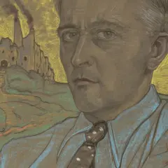 Portret mężczyzny w niebieskiej koszuli i krawacie, na tle industrialnego krajobrazu. Jedno z charakterystycznych dzieł z cyklu witkacy portrety.