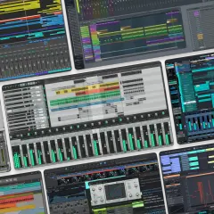Plusieurs interfaces de logiciel DAW affichant des pistes audio, des faders et des formes d'onde, pour la création musicale.