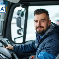 Mężczyzna w kurtce siedzi za kierownicą ciężarówki, z logo KULKA na szybie.