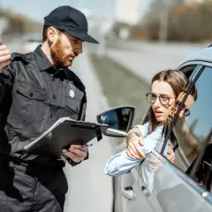 Policjant spisuje dane kierowcy. Zastanawia się, ile lat do policji potrzeba, by móc taką kontrolę przeprowadzać.