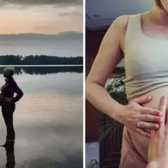 Para Justyna Kosela, data urodzenia to radosne oczekiwanie. Dwie sceny: para nad jeziorem o zachodzie słońca i zbliżenie na ciążowy brzuch.