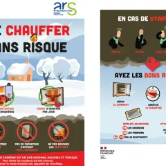 Affiche sur la prévention du monoxyde de carbone : symptômes, aérer, arrêter le chauffage, sortir, appeler les secours.