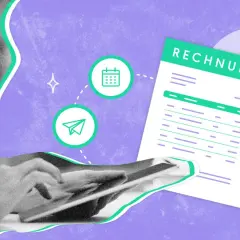Frau nutzt Tablet für Zahlung auf Rechnung. Icons für Kalender, E-Mail und Waage deuten auf Finanzmanagement hin.