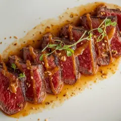 Tataki de ternera jugoso, cortado en finas lonchas y bañado en una salsa dorada con semillas. Un bocado exquisito.