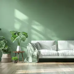 Salon lumineux avec un canapé blanc, des plantes vertes luxuriantes et une peinture sans cov aux tons apaisants.