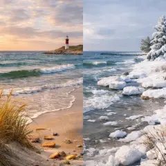 Polskie morze o każdej porze roku: letnie wakacje z leżakiem i kajakiem, jesień z latarnią, zima ze śniegiem i wiosna z drewnianymi schodkami na plażę.